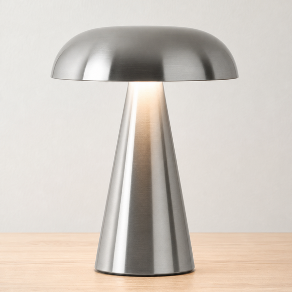 Silver mushroom lamp lit on a light wood surface