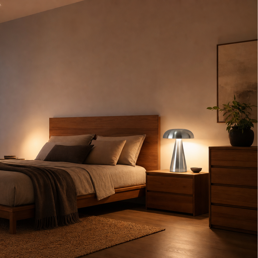 A modern bedroom scene with a low wooden bed frame, neutral bedding, a lit bedside lamp, a dresser, and a large window showing a sunset view outside.