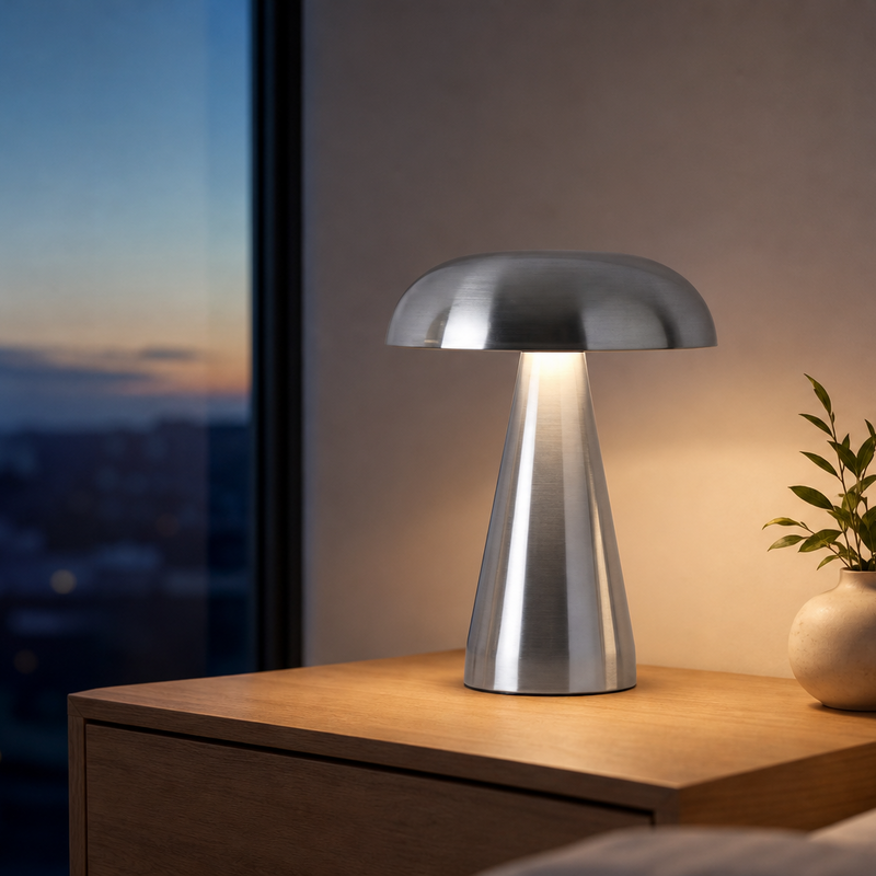 A modern mushroom-shaped table lamp with a brushed silver metallic finish sits on a wooden bedside table, casting a warm glow next to a small potted plant in a bedroom setting.