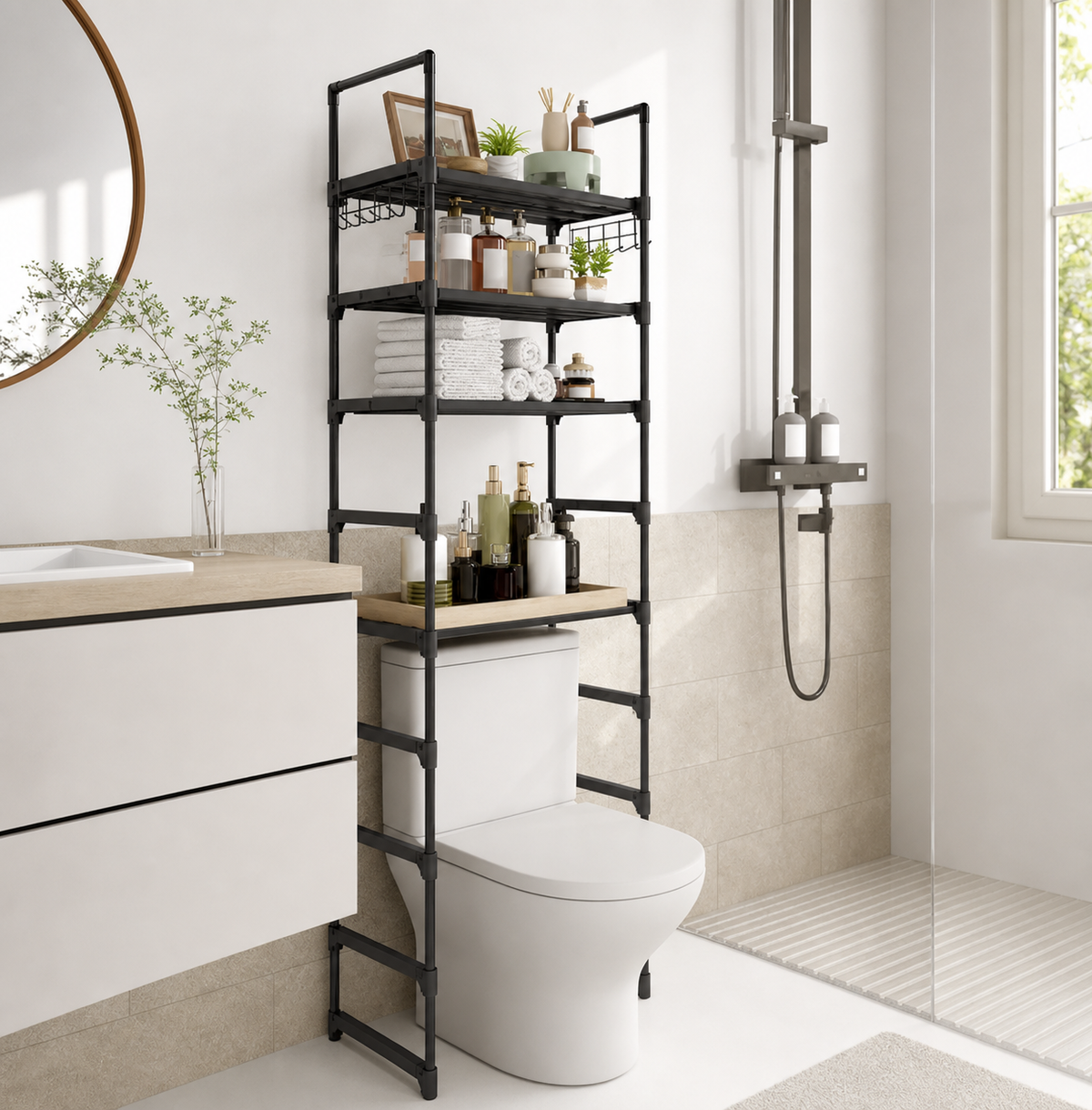 A black metal toilet storage shelf with five tiers and a light wood top surface, shown in a modern, bright bathroom next to a toilet and vanity.