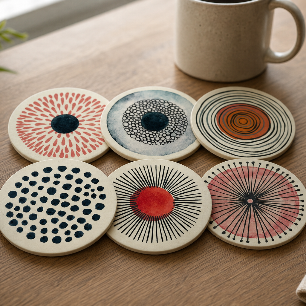 Six round ceramic coasters with various hand-painted abstract patterns in red, blue, black, and orange, arranged on a wooden table next to a mug, a plant, and a glass.