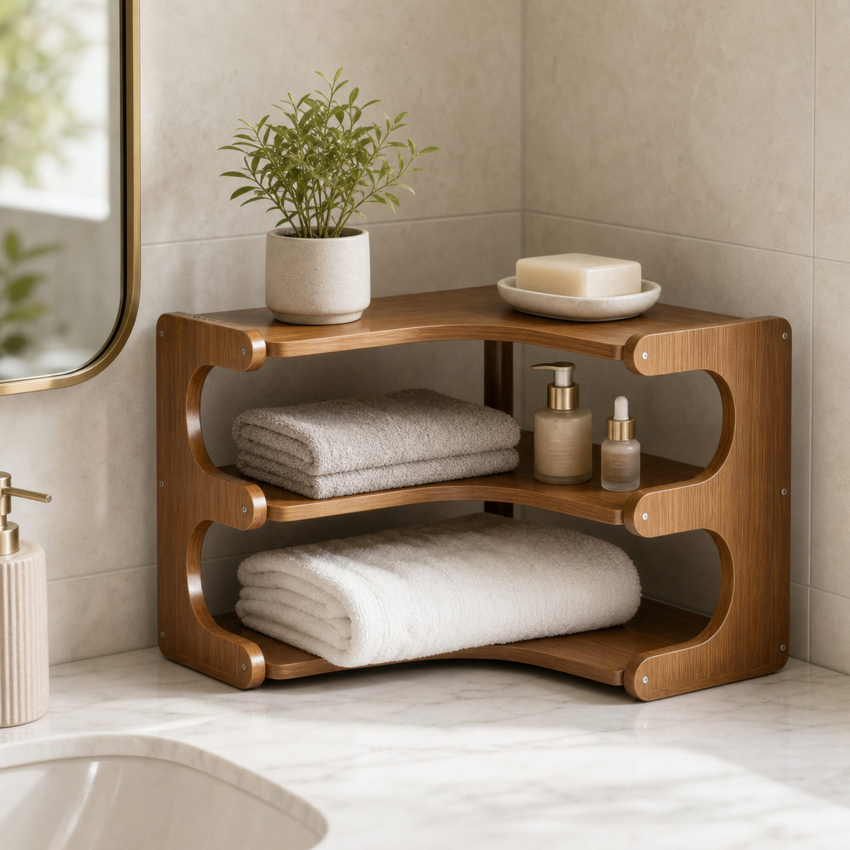 A corner-mounted wooden bathroom shelf with two tiers, styled with folded towels, a small potted plant, soap, and bottles, set against a beige tiled wall and marble countertop.