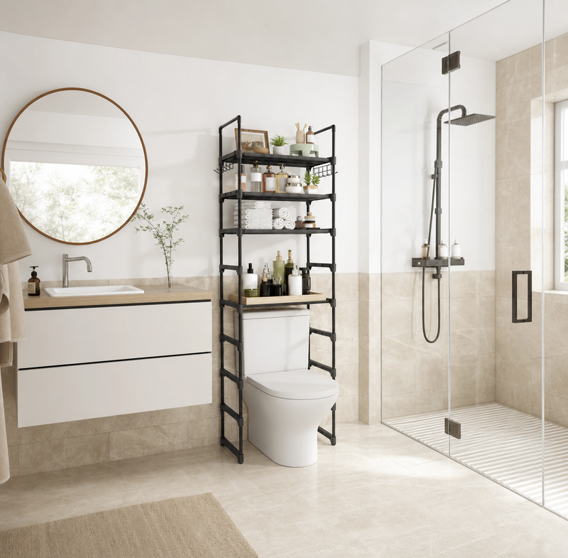 A modern bathroom scene with a white toilet, wall-mounted vanity, round mirror, and glass shower enclosure. A black metal shelving unit stands beside the toilet, holding toiletries.