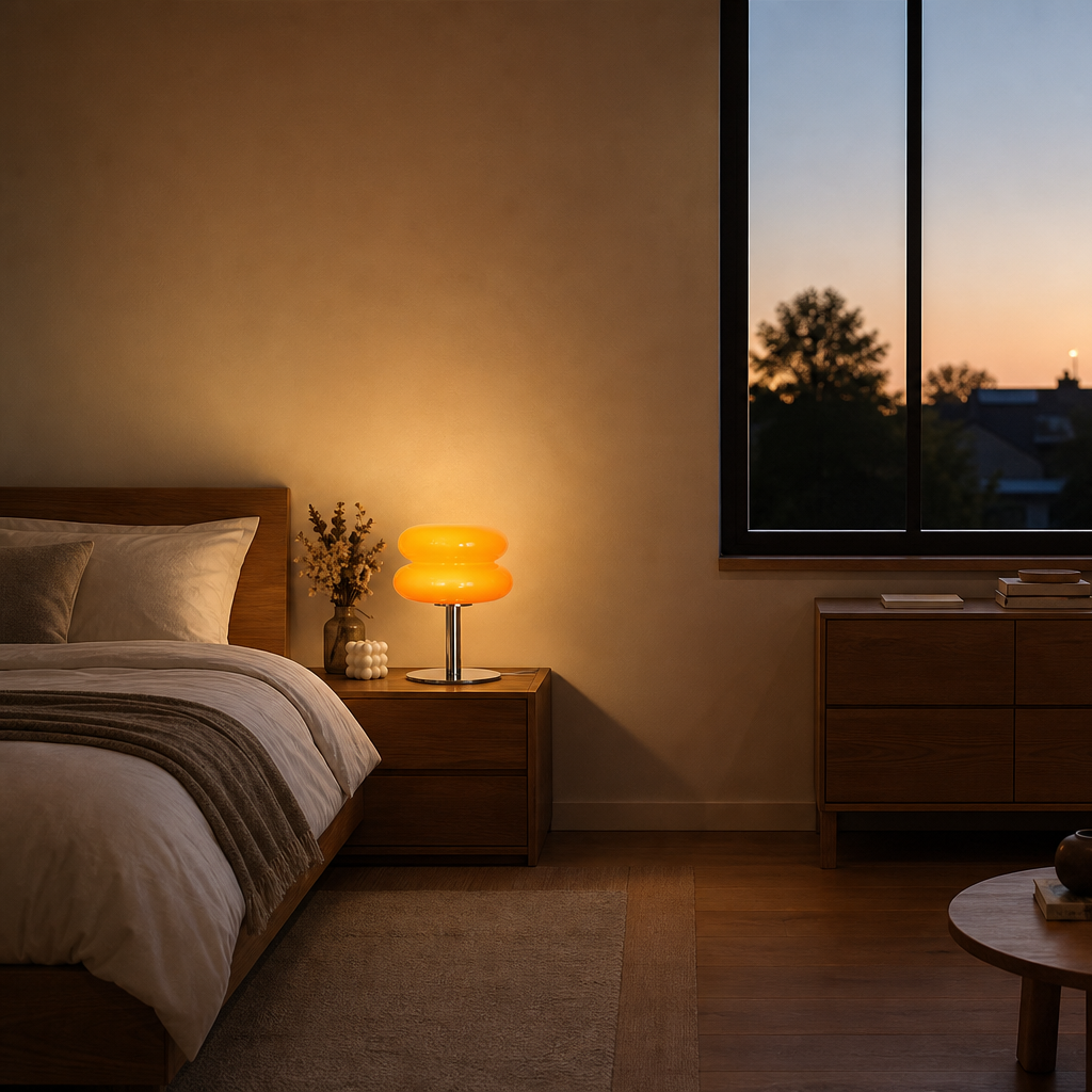 A warm, modern bedroom and living area at dusk, featuring a glowing orange mushroom-shaped table lamp on a wooden nightstand next to a bed, with a matching wooden dresser and sofa in the background.