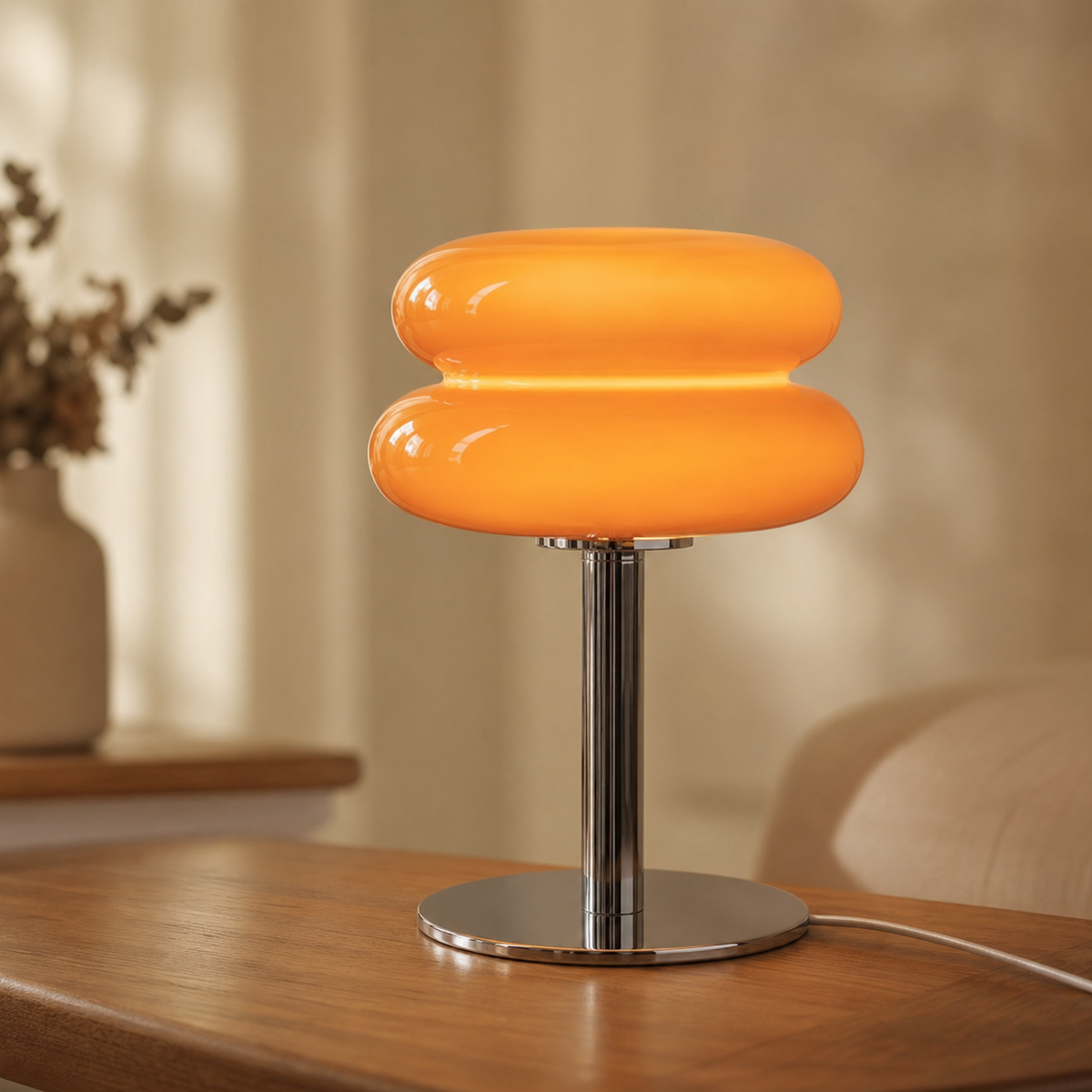 A modern table lamp with a glossy orange, two-bulb-shaped shade on a polished chrome stand, placed on a wooden table in a warm, softly lit room.