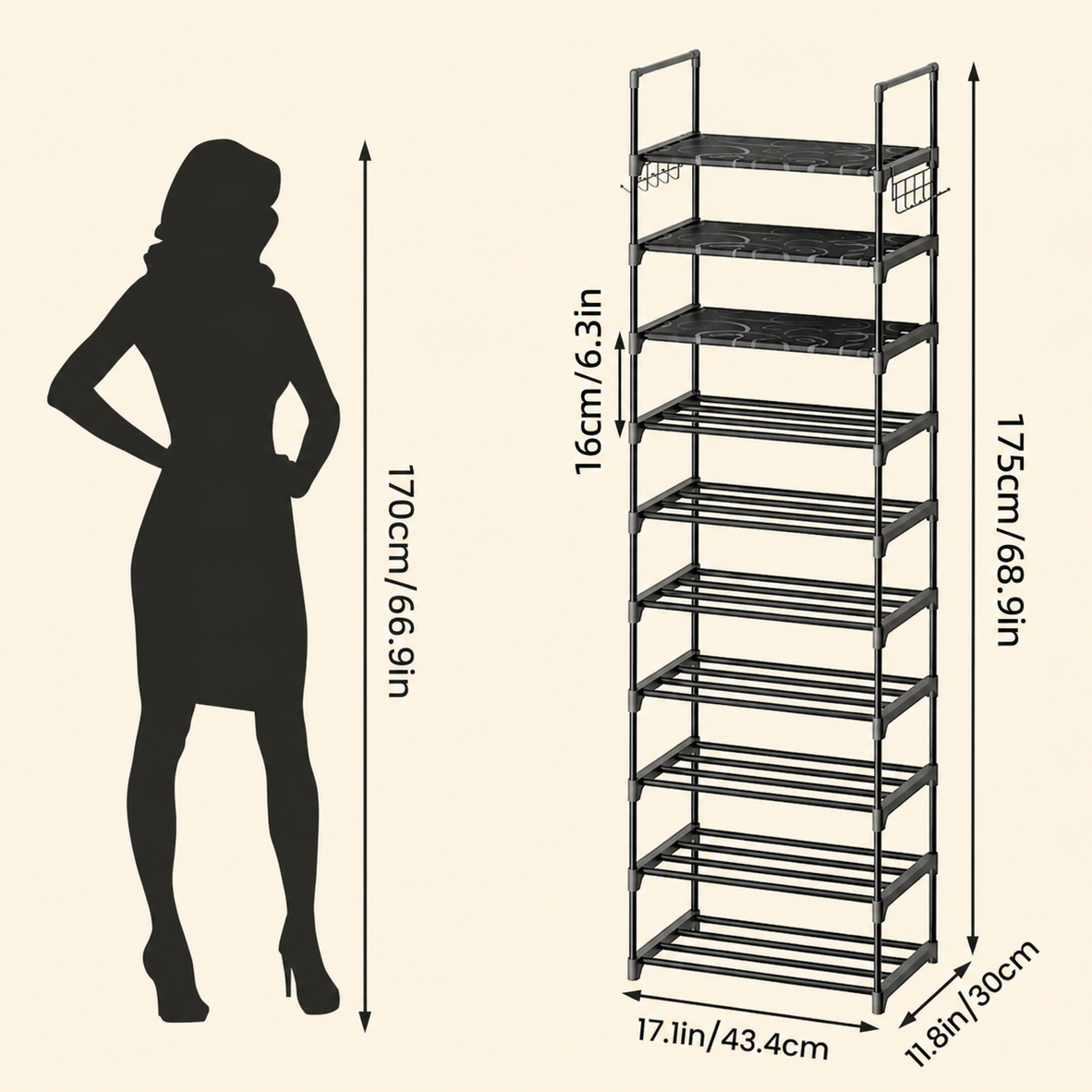 A tall black metal shelving unit with multiple wire shelves, shown with dimension labels and a black silhouette figure beside it on a light beige background.