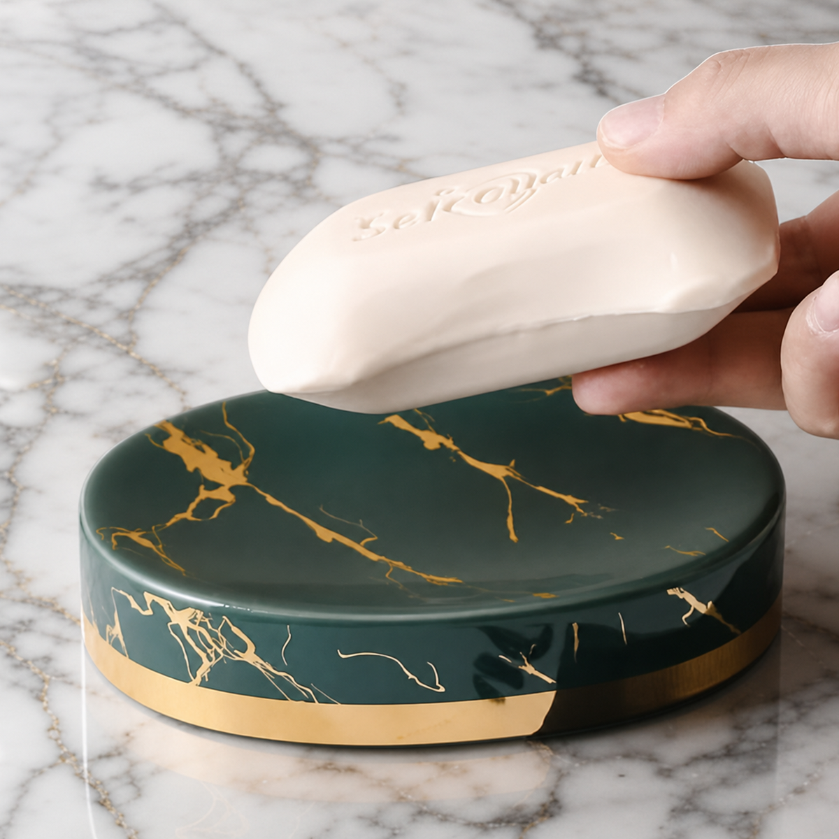 A hand holds a cream-colored soap bar over a round dark green and gold marble-patterned soap dish on a white marble surface.