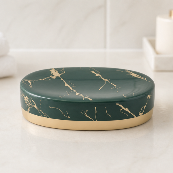 Green marble-stripe soap dish on a bathroom counter