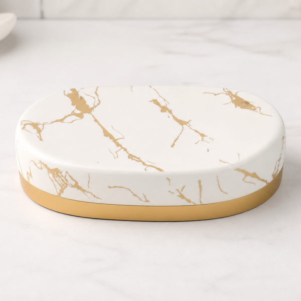 White marble-stripe soap dish with gold veining