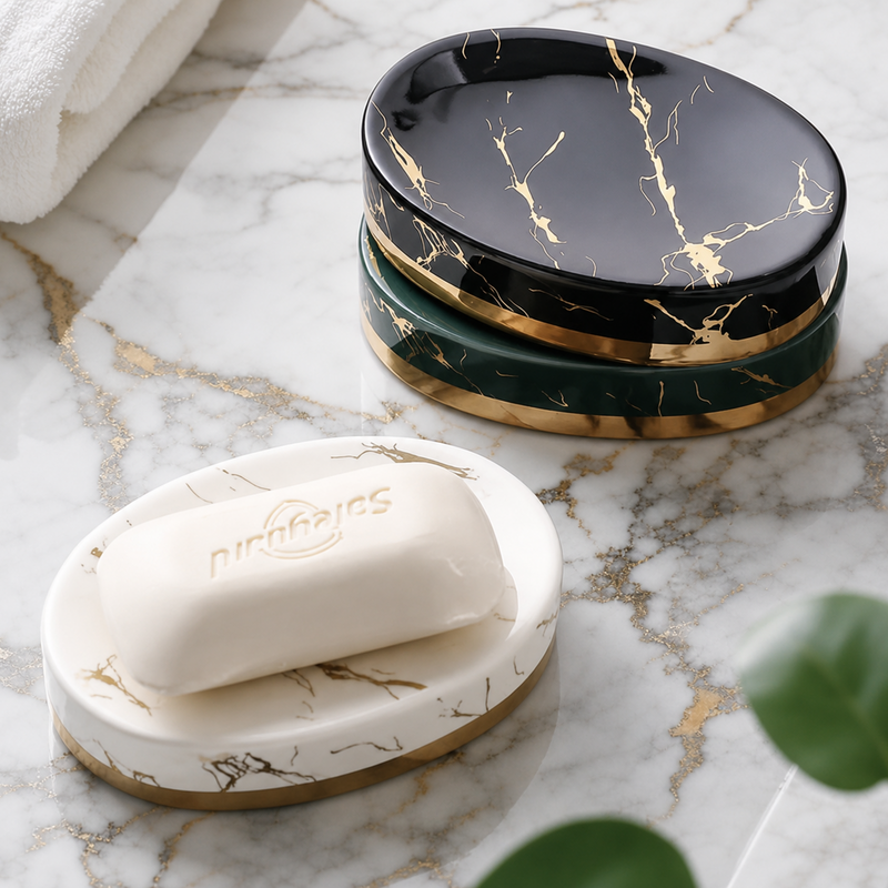 Three oval soap dishes with a glossy marble finish are arranged on a white marble surface. One dish in the foreground holds a white bar of soap and is labeled 'nirfaires'.