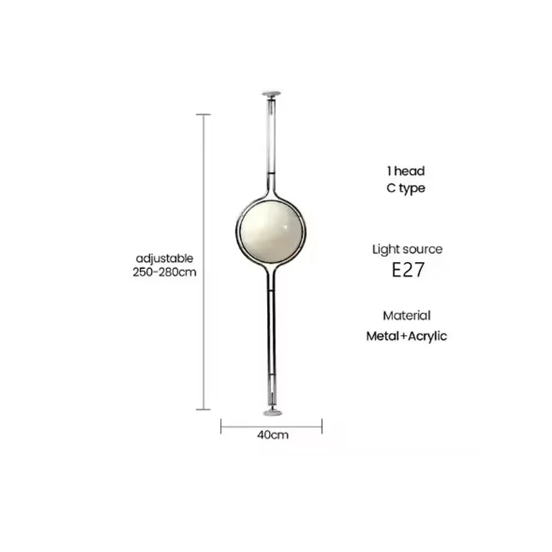 Measurement chart of a light fixture with adjustable height, head type, light source, material, and dimensions.