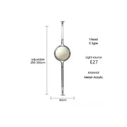 Measurement chart of a light fixture with adjustable height, head type, light source, material, and dimensions.