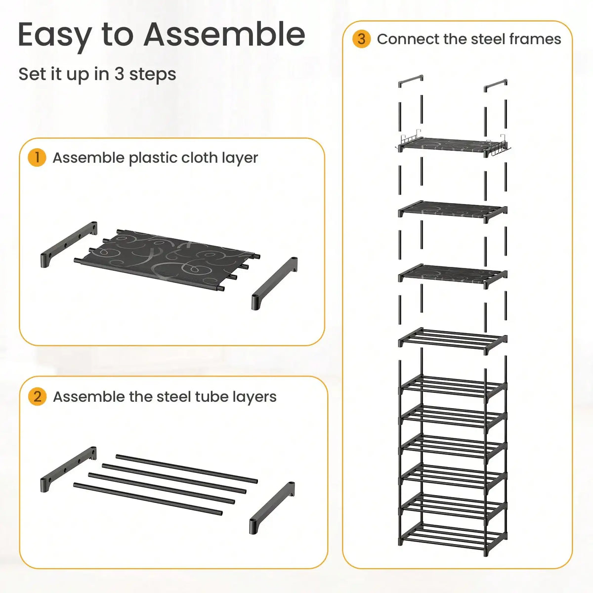 Step-by-step assembly guide for a shelving unit with text and diagrams.