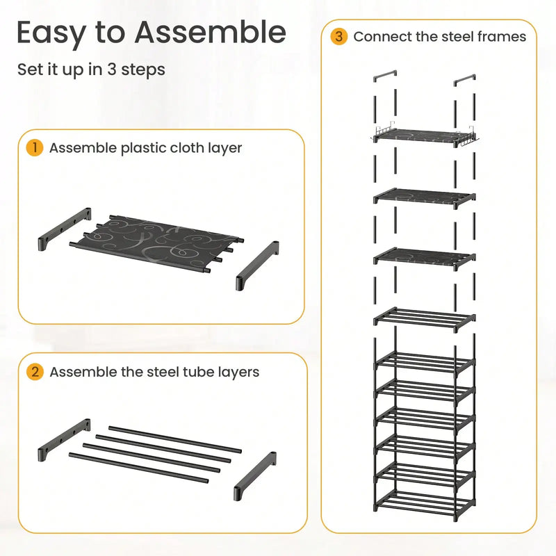 Step-by-step assembly guide for a shelving unit with text and diagrams.