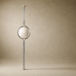 A modern floor lamp with a long, slim metallic frame and a large oval glass shade, shown against a warm beige textured studio background.