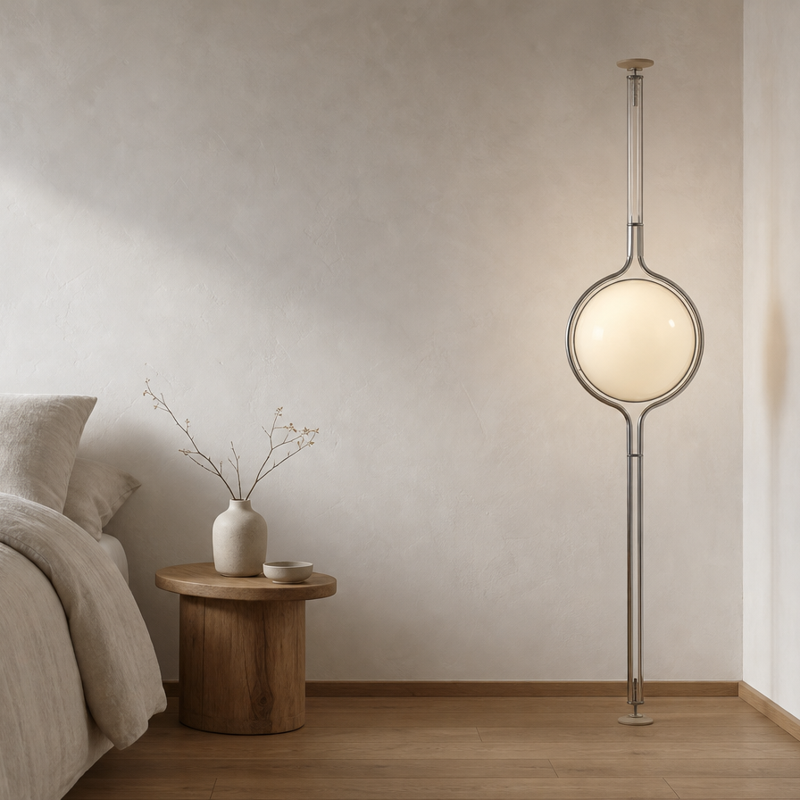 A modern floor lamp with a circular glowing shade and slim metallic frame stands in a minimalist bedroom next to a bed and wooden side table.