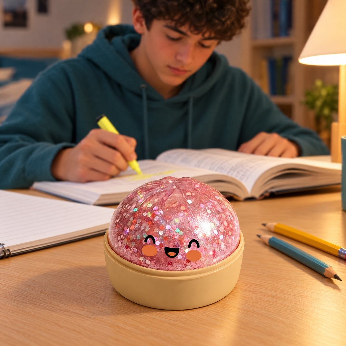 A teen highlights a textbook at a desk with a pink glitter squishy bun in its steamer basket in the foreground (styled illustration)