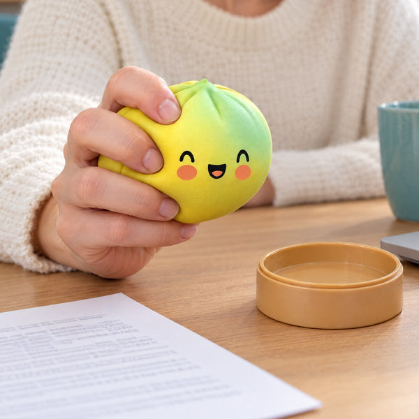 Hands squeezing a yellow-green squishy bun at a desk next to its empty basket (styled illustration)