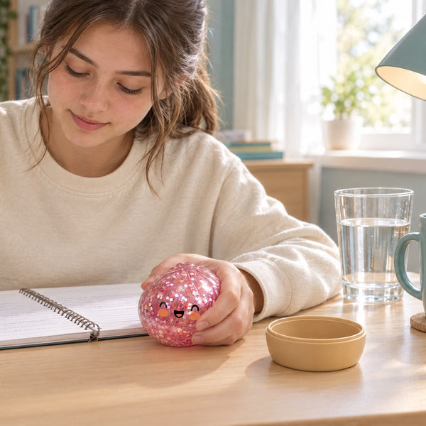 A young adult reads a notebook at a desk while holding a pink glitter squishy bun, its empty basket beside her (styled illustration)