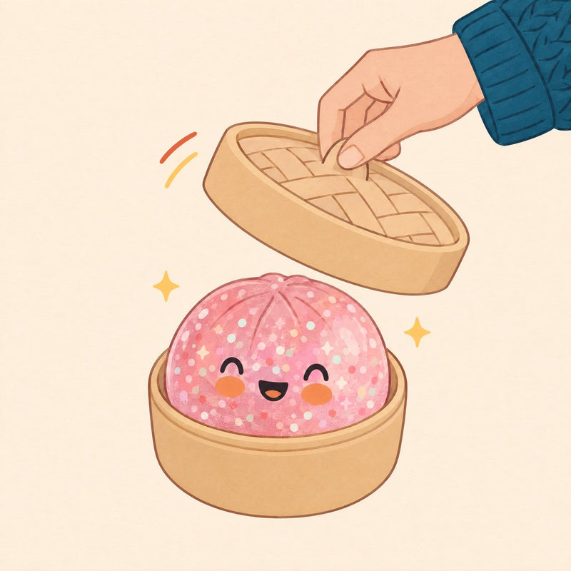 Illustration: a hand lifts the lid off a tan steamer basket with a pink glitter squishy bun inside
