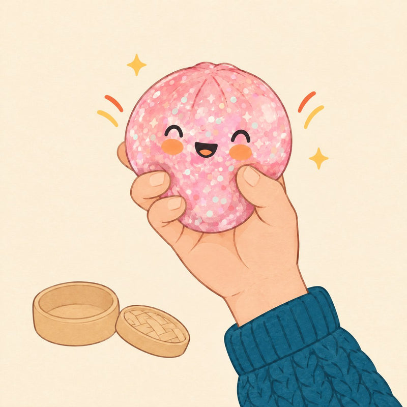 Illustration: a hand squeezes a pink glitter squishy bun next to its open basket and lid