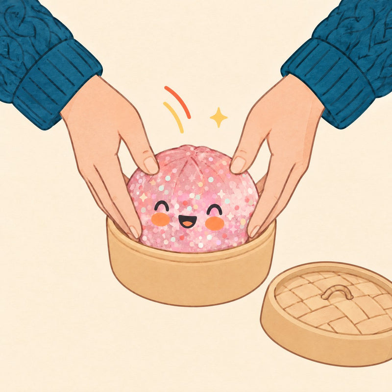 Illustration: two hands set a pink glitter squishy bun back into its steamer basket