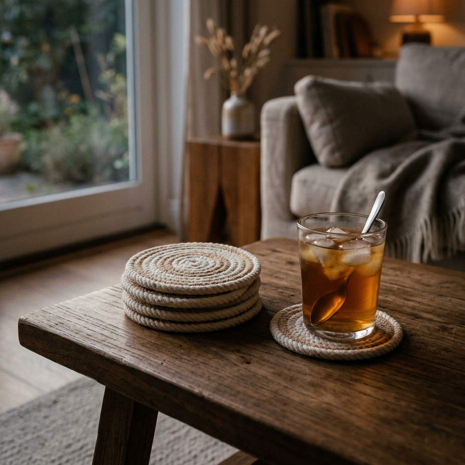 Woven Fabric Coasters Set of 4 styled in a warm room at dusk