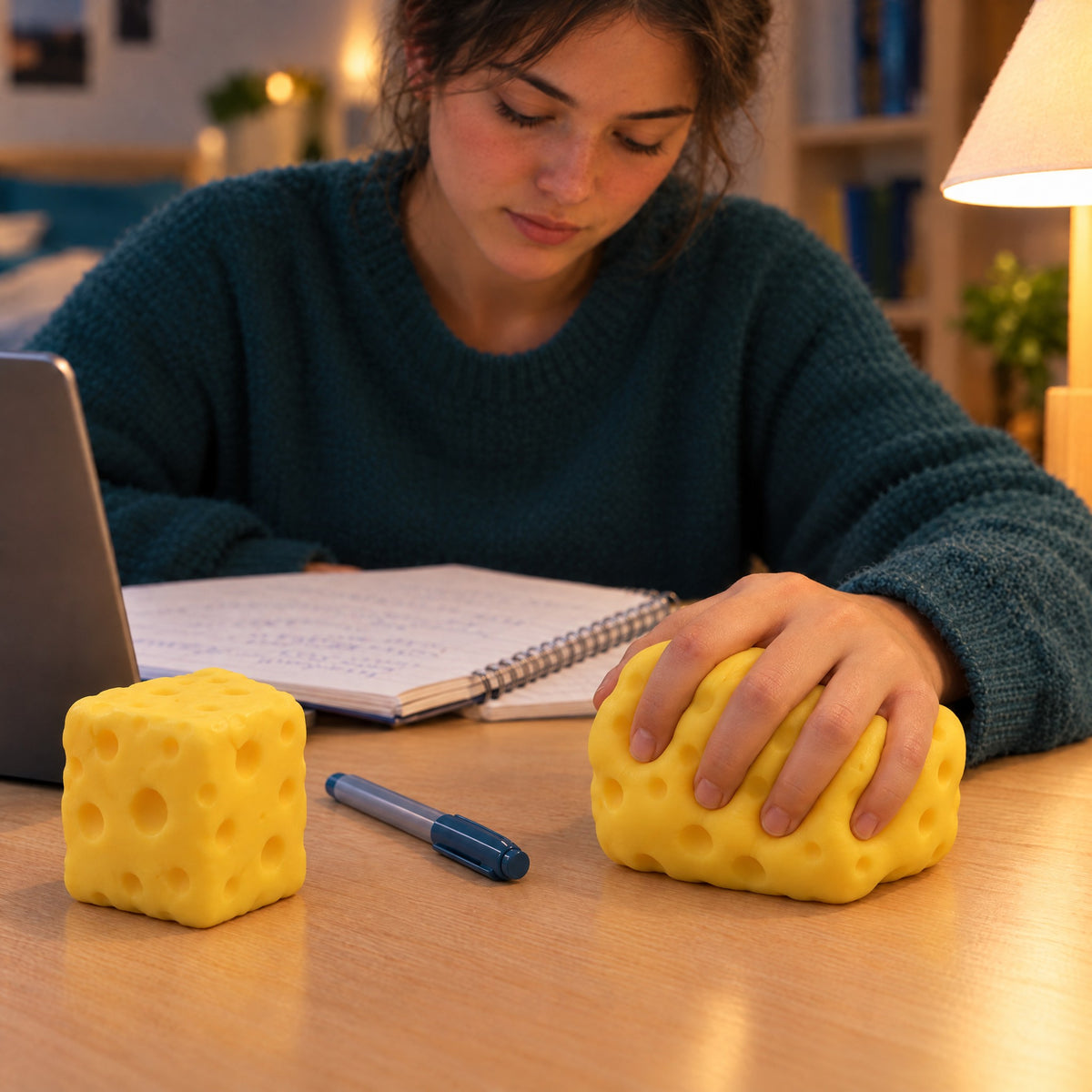 A young adult at a desk with a laptop and a notebook presses down on a big yellow cheese squishy with one hand, a second cheese squishy on the desk beside a pen (styled illustration)