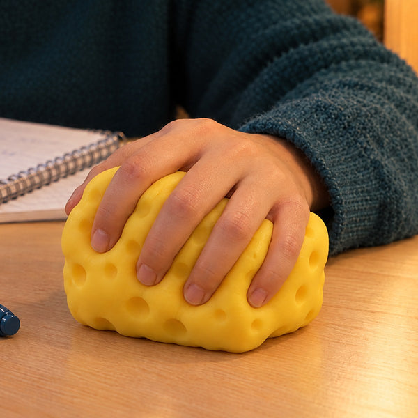 An adult hand in a teal sweater squeezing a yellow cheese squishy on a wooden desk (styled illustration)