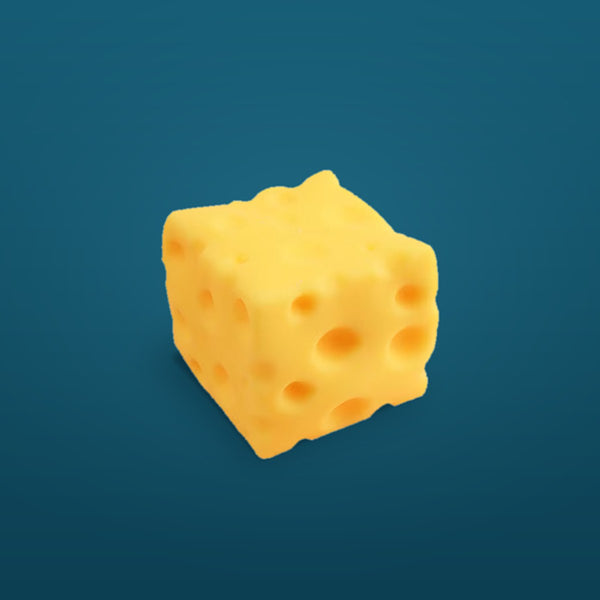 One yellow cheese squishy cube with round holes on a deep teal background