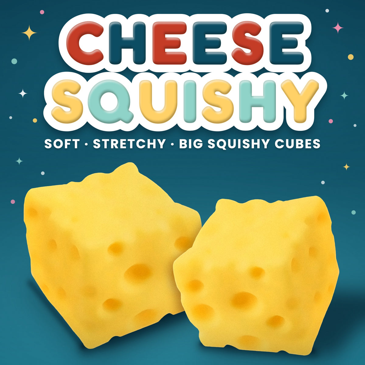 Cheese Squishy: soft, stretchy, big squishy cubes. Two bright yellow squeeze toys shaped like cubes of Swiss cheese with round holes on a teal background