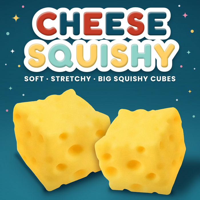 Cheese Squishy: soft, stretchy, big squishy cubes. Two bright yellow squeeze toys shaped like cubes of Swiss cheese with round holes on a teal background