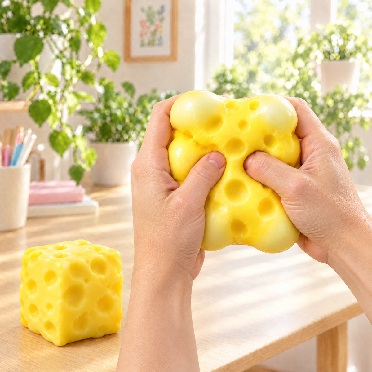 Two adult hands squeezing a big yellow cheese squishy so the soft skin puffs out around the hands, a second cheese squishy resting on the desk (styled illustration)