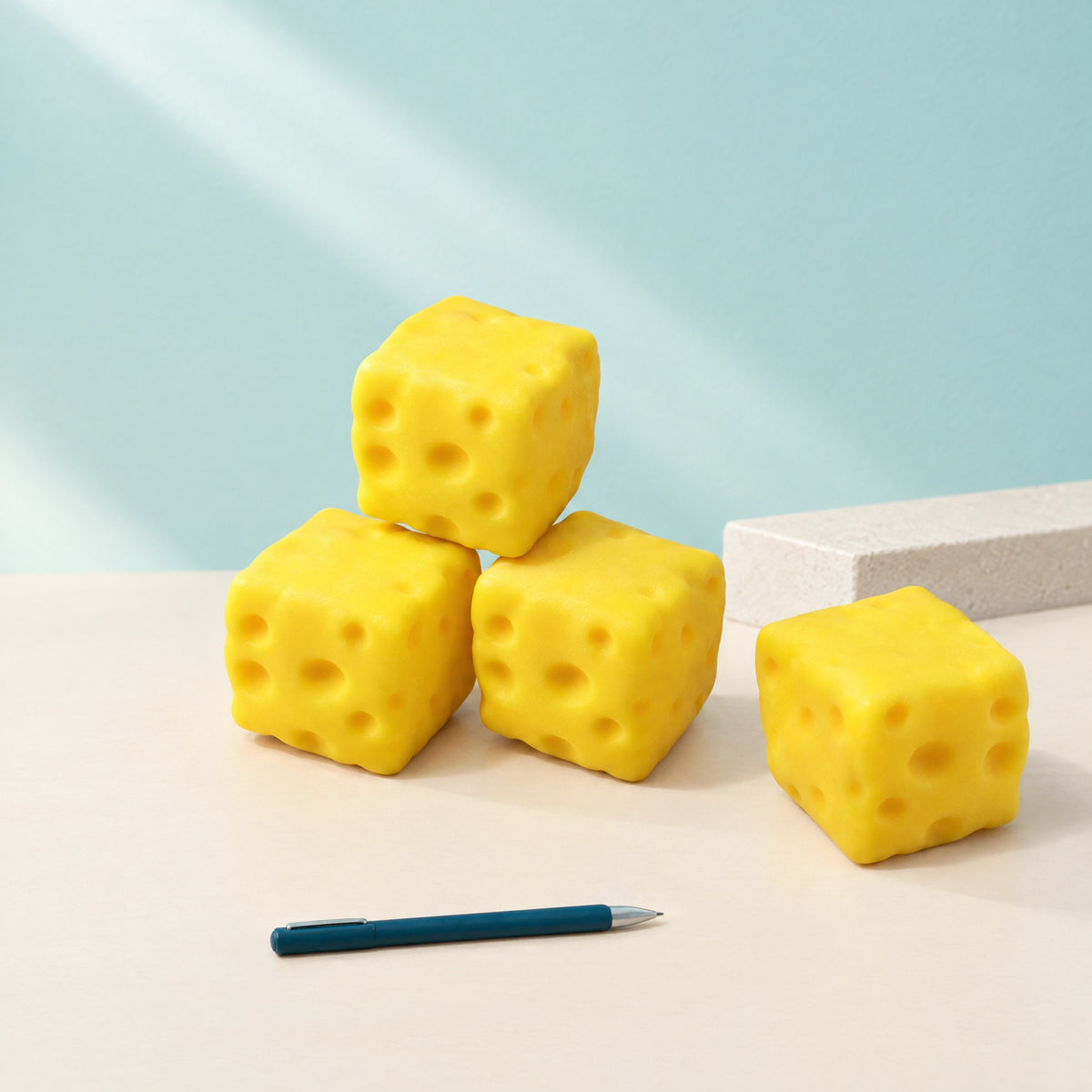 Four yellow cheese squishies, three stacked and one beside them, next to a pen for scale. Each cube is 8-9 cm (about 3.1-3.5 in) (styled illustration)