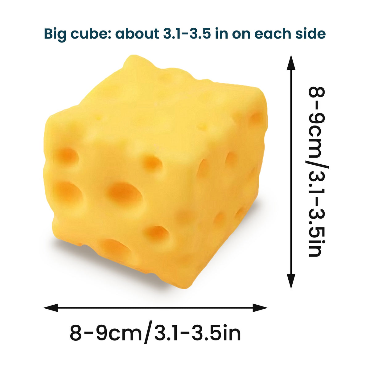 Size diagram: one yellow cheese squishy cube, 8-9 cm / 3.1-3.5 in wide and 8-9 cm / 3.1-3.5 in tall. Big cube: about 3.1-3.5 in on each side