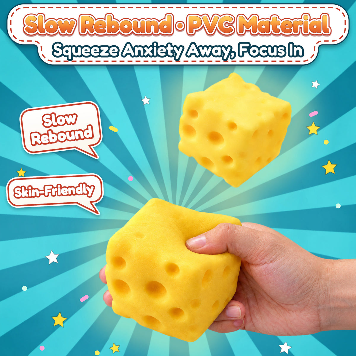 Slow Rebound · PVC Material. Squeeze Anxiety Away, Focus In. An adult hand presses a thumb into a big yellow cheese squishy that fills the hand, a second one floating above; labels read Slow Rebound and Skin-Friendly (styled illustration)