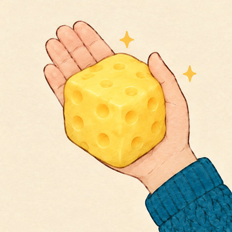 Illustration: an open adult hand holding one big yellow cheese squishy cube that covers the whole palm