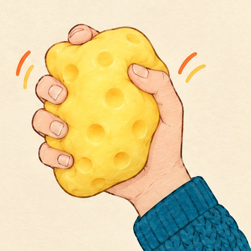 Illustration: an adult hand squeezing a big yellow cheese squishy so the soft skin puffs out between the fingers