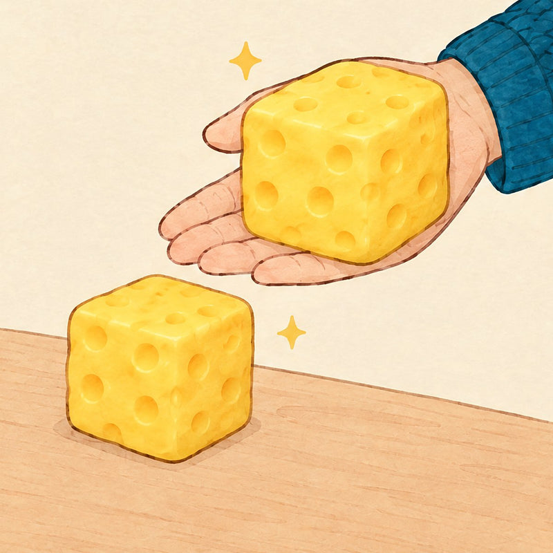 Illustration: an open adult hand with the big cheese squishy back in its cube shape, a second cheese squishy sitting on the desk below