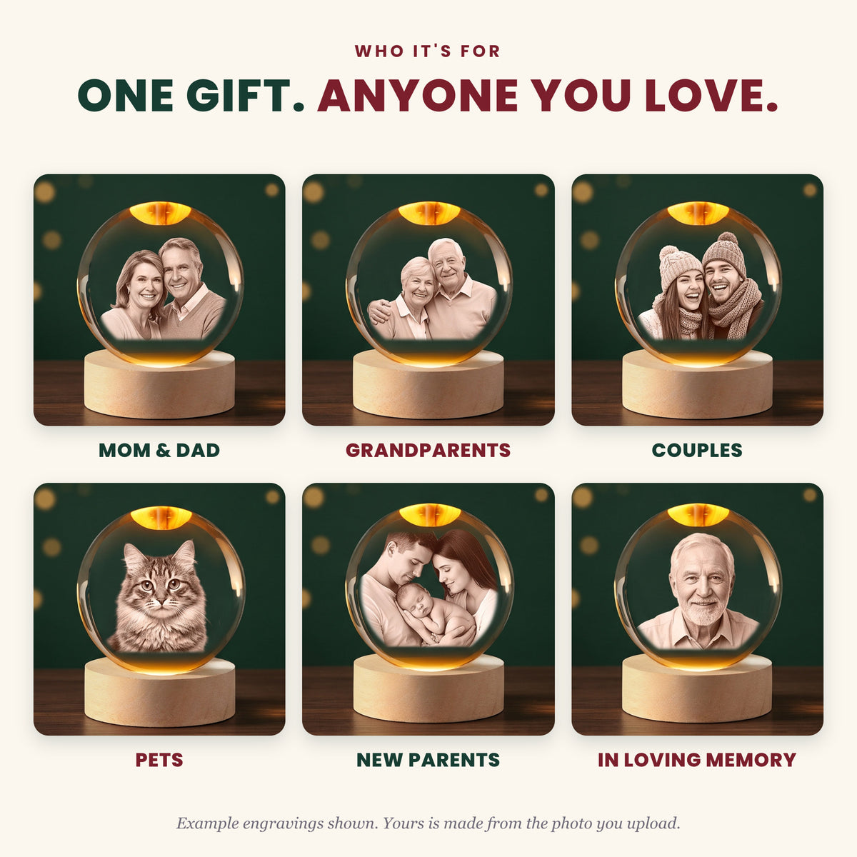 Six example crystal ball lamps engraved with different photos: a couple in their fifties, grandparents, a young couple in winter hats, a cat, new parents with a baby, and an older man for a memorial