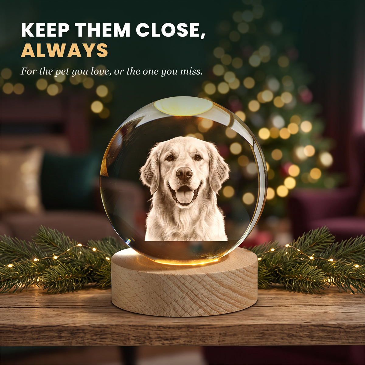 Crystal ball night light with a smiling golden retriever engraved inside, glowing on a wooden shelf with a pine garland and Christmas lights