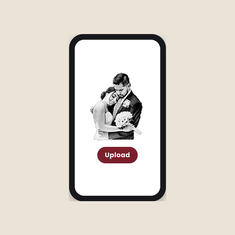 Phone screen showing a wedding photo and an Upload button