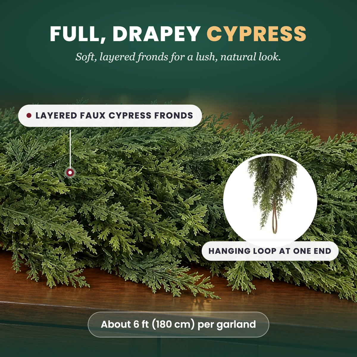 Full, drapey cypress: layered faux cypress fronds, about 6 ft (180 cm) per garland, with a hanging loop at one end