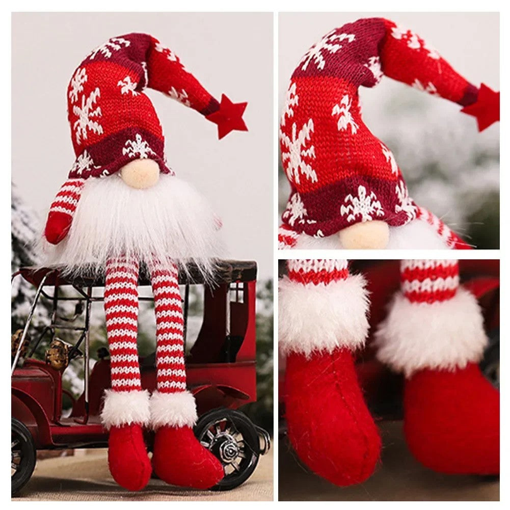 Close-up of the red Long Legs gnome: snowflake knit hat with star, faux-fur beard, striped legs and boots