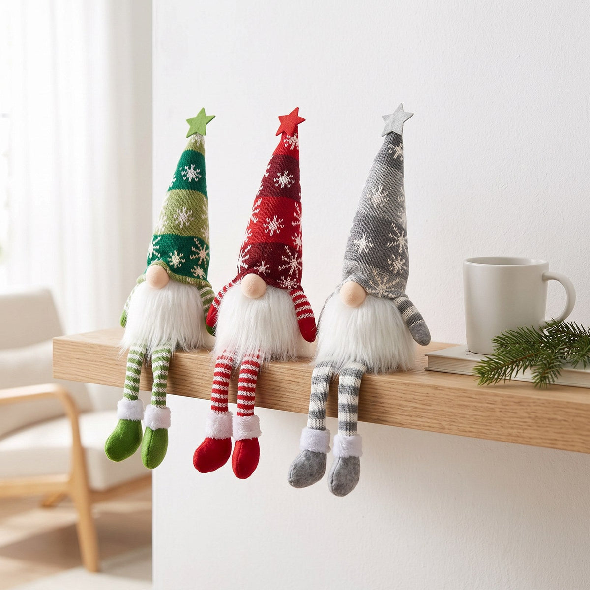 Three Long Legs gnomes on a wooden shelf in daylight with the light off