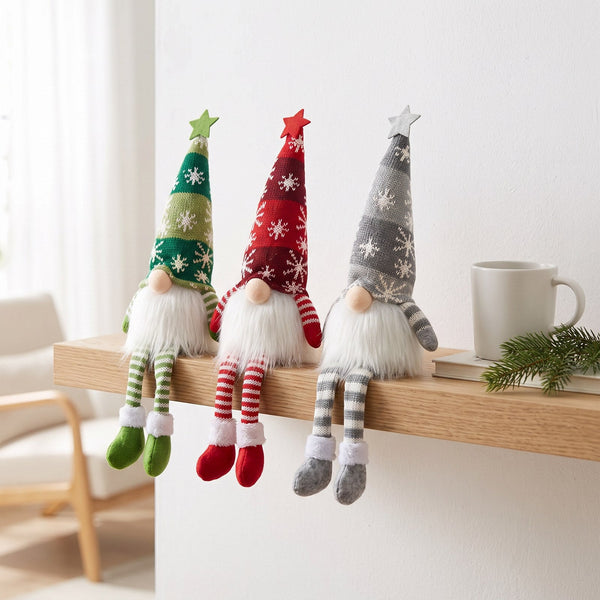 Three Long Legs gnomes on a wooden shelf in daylight with the light off