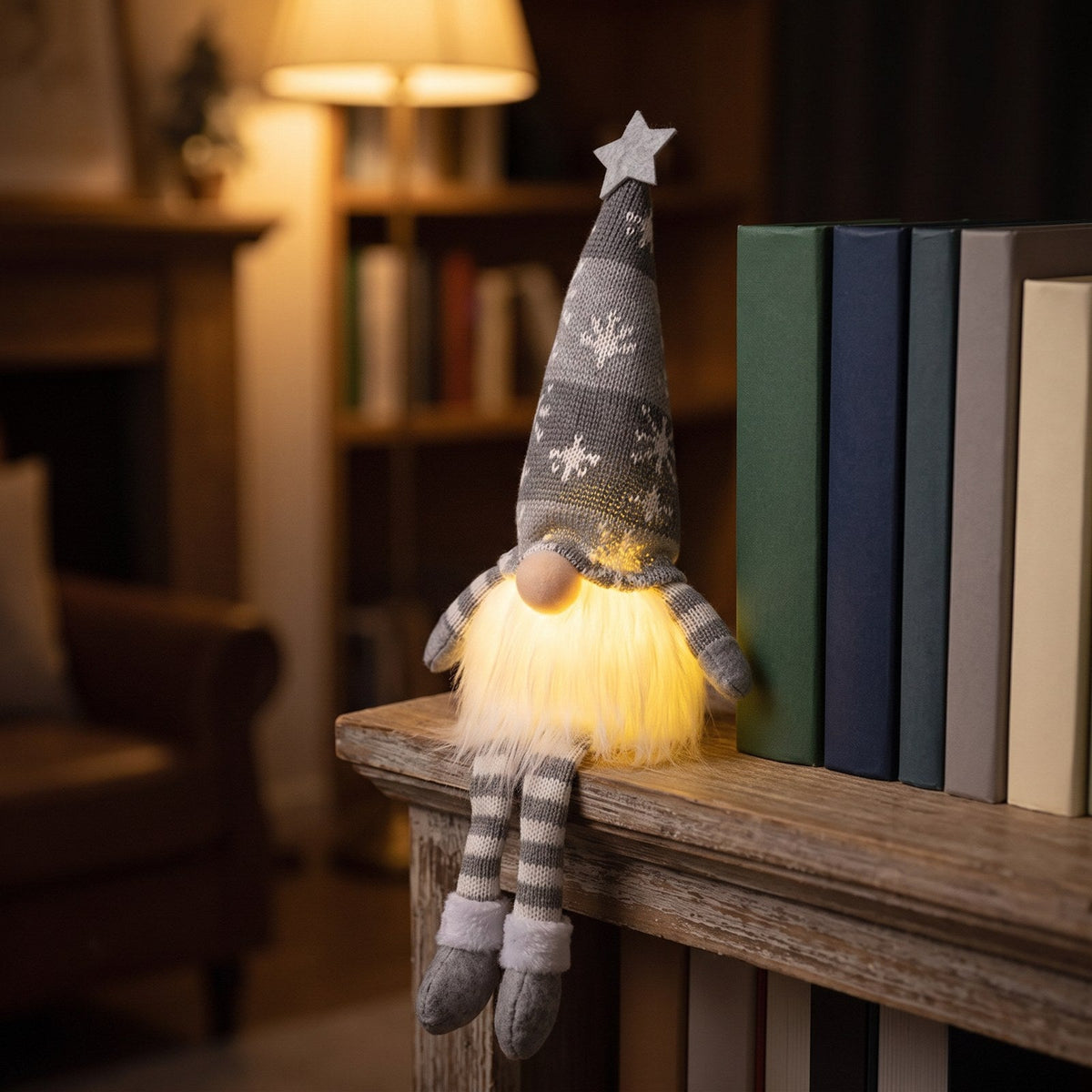 Grey Long Legs gnome glowing on a bookshelf with its legs dangling