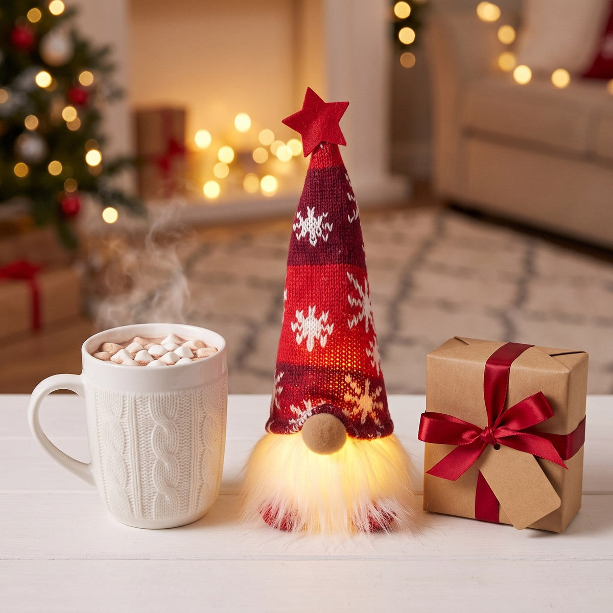 Red Classic gnome glowing between a mug of cocoa and a wrapped gift