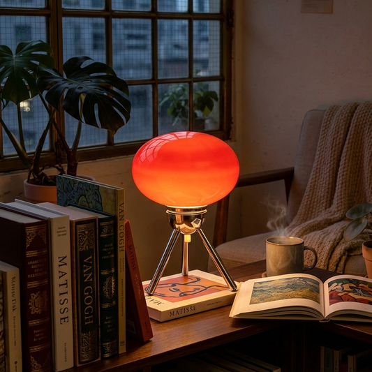 Otto glass lamp on a bookshelf in an evening reading corner