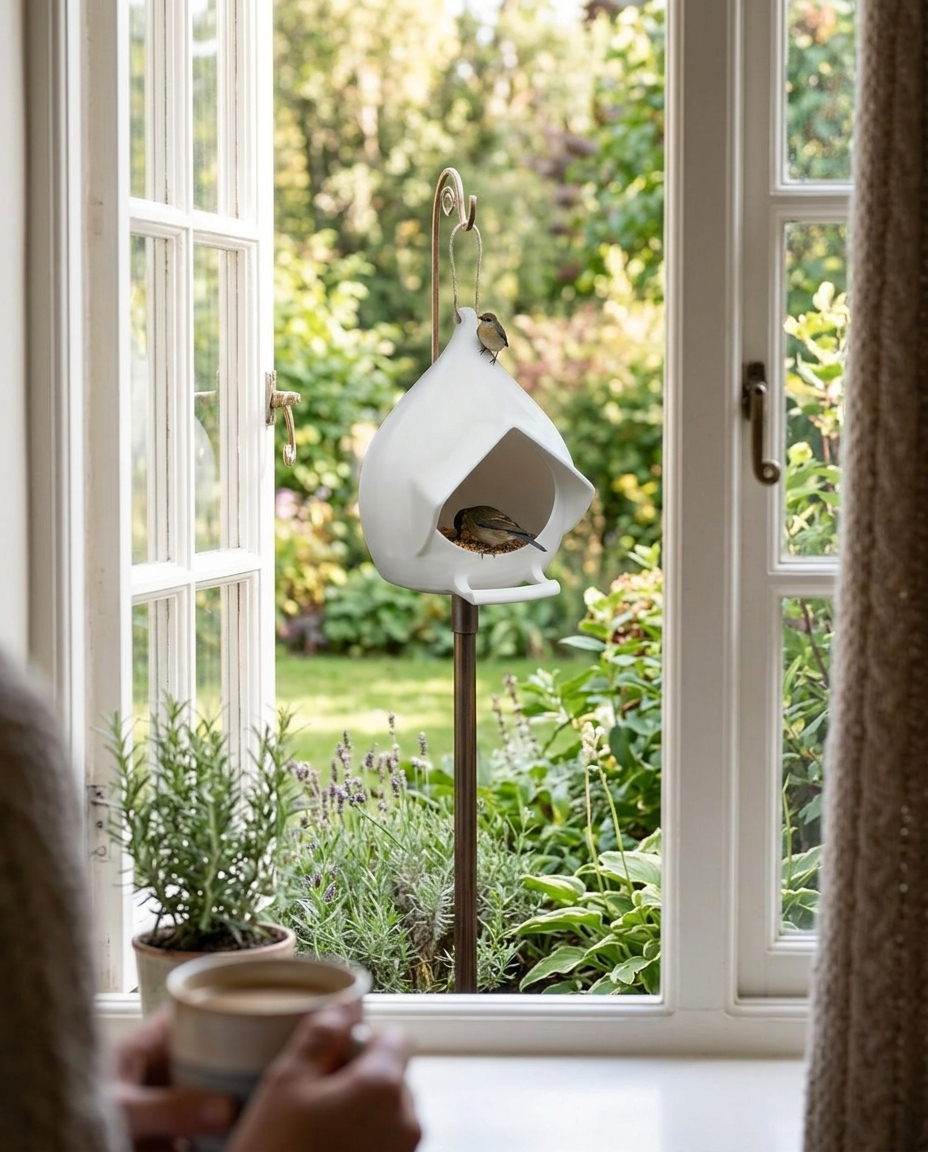 Alto bird feeder seen through a kitchen window